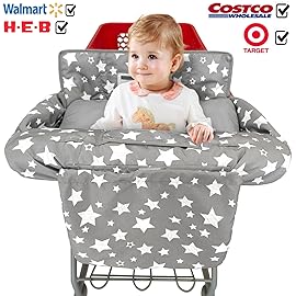 Soft Pillow Attached 2-in-1 Shopping Cart and High Chair Cover for Baby, Cotton Padded Cart Cover, Fold\'n Roll Style, Portable with Carry Bag (Gray Stars)