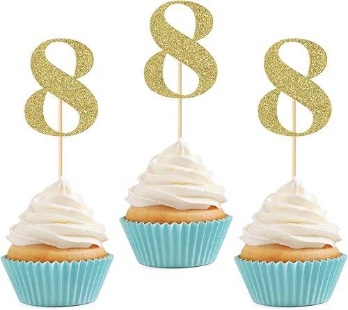 Miniatura 1 de 24 piezas de decoración para cupcakes de 8 cumpleaños con purpurina número 8, ocho aniversario, 8 años, fiesta de cumpleaños, suministros de