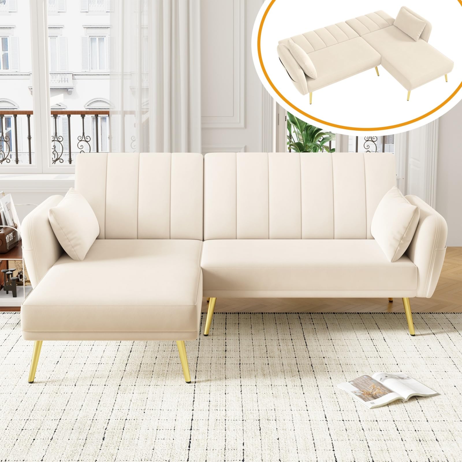 Sweiko Canapé Pliant Moderne, canapé-lit en L avec Coin supplémentaire, canapé d'angle avec Fonction Couchage, adapté aux Salons, Chambres à Coucher, Home cinémas et Chambres d'amis (Beige)