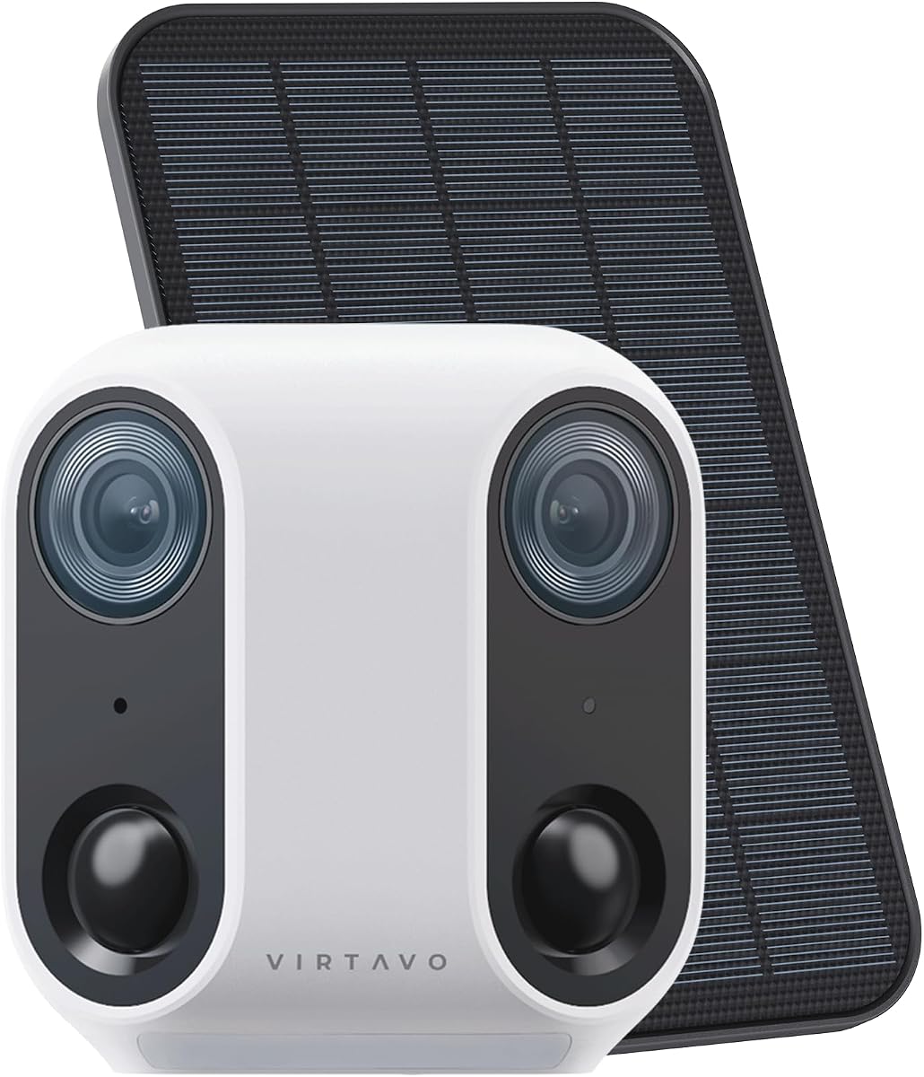 VIRTAVO Cámara de seguridad solar inalámbrica para exteriores, cámara de doble lente | Visión nocturna Starlight, detección inteligente de IA, almacenamiento local, sin suscripción, resistente a la intemperie IP65, WiFi de 2,4 GHz