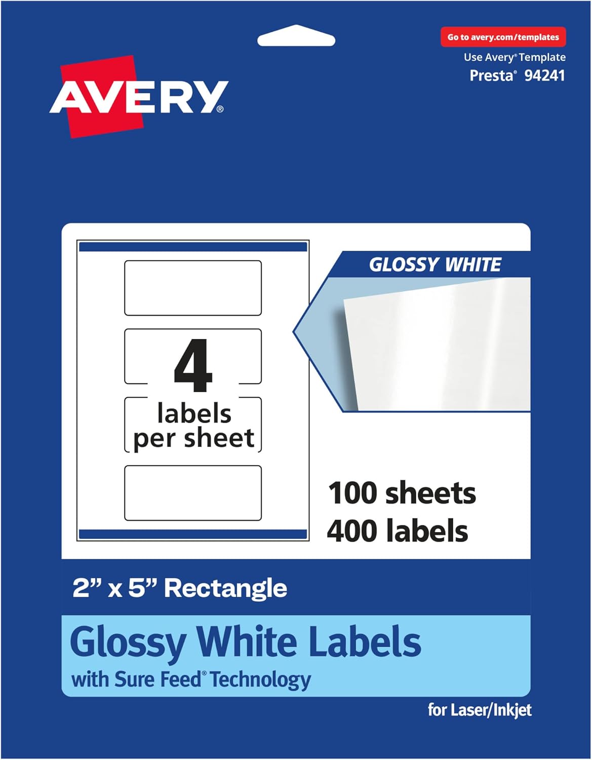 Avery Glossy White Rectangle Labels, Sure Feed Technology, 2" x 5", 100 Glossy White Labels, Print-to-The-Edge, Permanent Adhesive, Laser/Inkjet Printable