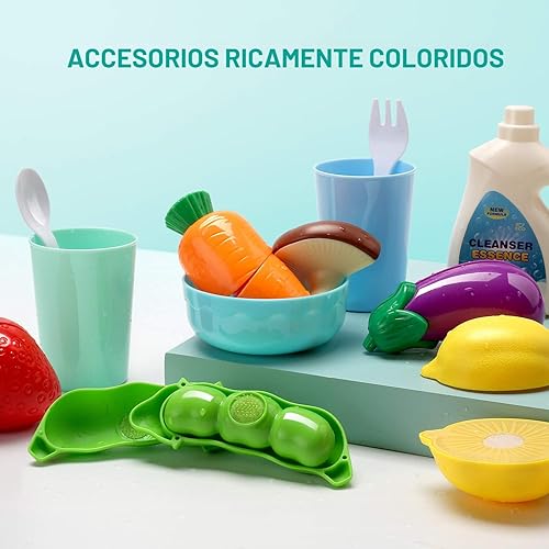 Miniatura 7 de CUTE STONE Juguetes para fregadero de cocina con estufa de cocina, olla y sartén con pulverizador de luz y sonido realistas, escurridor de platos