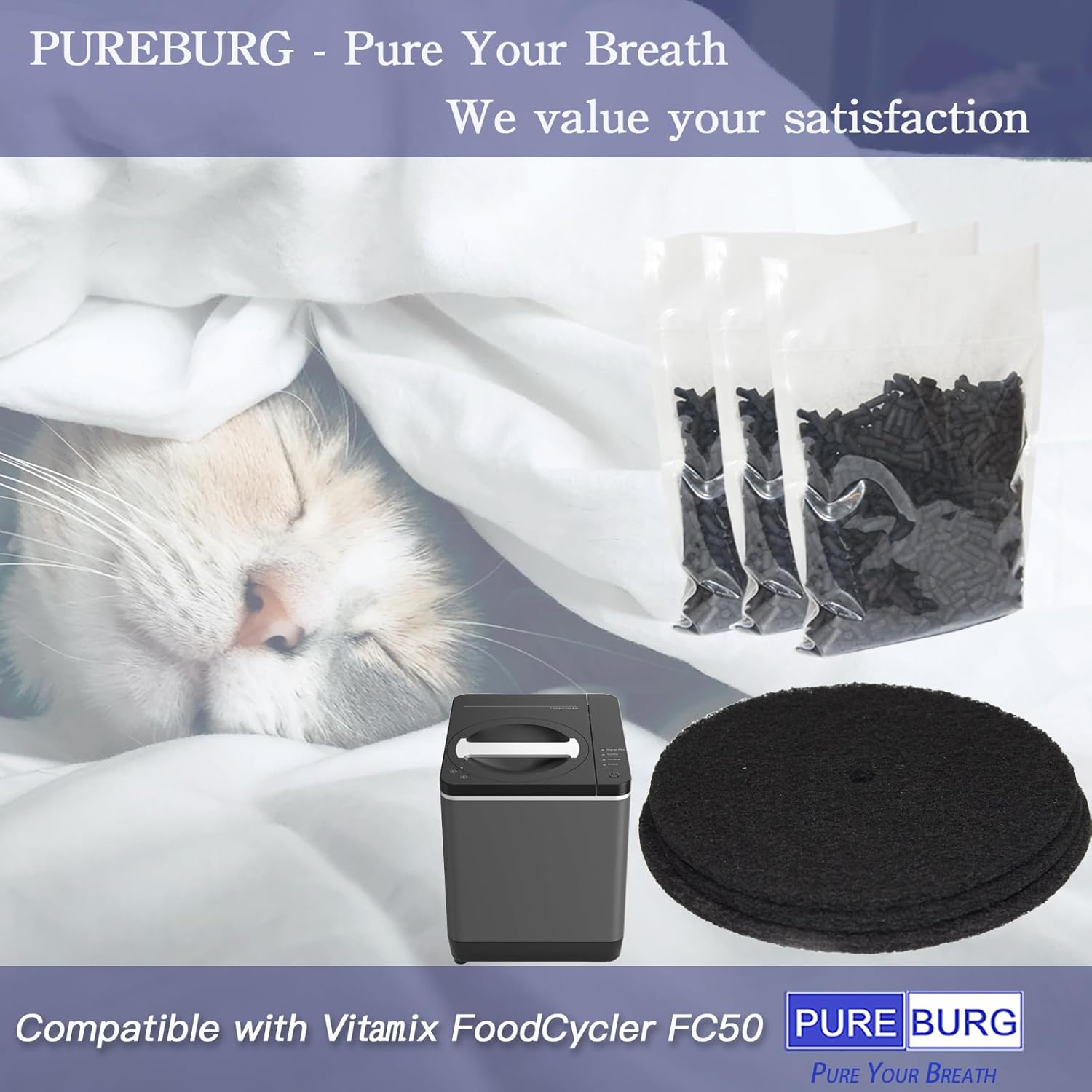 PUREBURG FC-50 Odor Absorbing Carbon Refills Pack Compatible with Vitamix FoodCycler FC50, Collecton Lid Filter Carbon filters 3+3