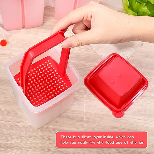 Vista 17 de Chengu 3 recipientes de jalapeño con coladores, dispensadores cuadrados, almacenamiento gratuito de condimentos, soporte para pepinillos con tapa