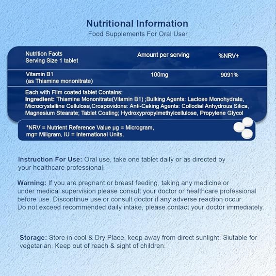 Vitamin B1 Thiamine 100mg 180 Vegetarian Tablets - High Strength B1 Supplement, Supports Energy Production, Made in the UK