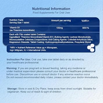 Vitamin B1 Thiamine 100mg 180 Vegetarian Tablets - High Strength B1 Supplement, Supports Energy Production, Made in the UK