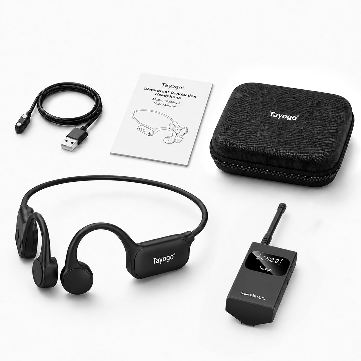Tayogo Swimming Headphones Bone Conduction Open Ear – IPX8 Waterproof, Bluetooth 5.4, FM Radio, MP3 Player, No Need to Download Music, Support Spotify, Swim with Your Stream APP