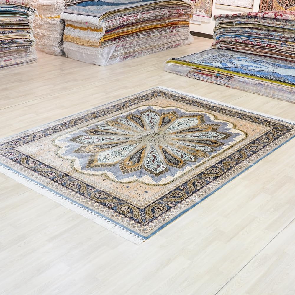 Yuchen Silk Rug 8x10 Green Hand Knotted Vintage Oriental Silk Rug for Living Room