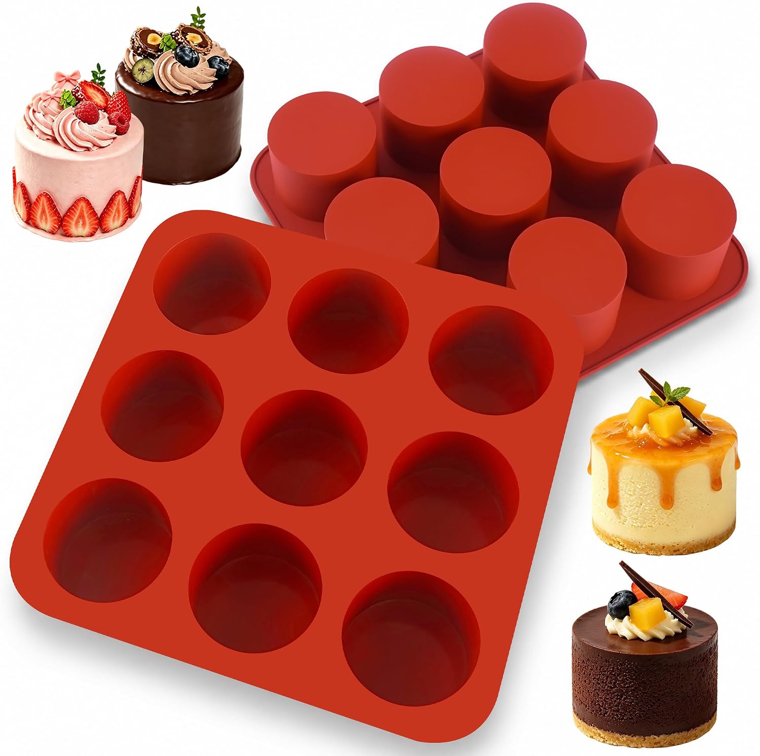 2Pcs Tall Cylinder Silicone Molds for Mousse Cake, 9-Cavity 3D Cylinder Shape Silicone Baking Mold for Mini Cheesecake, Brownie, French Dessert Pastry