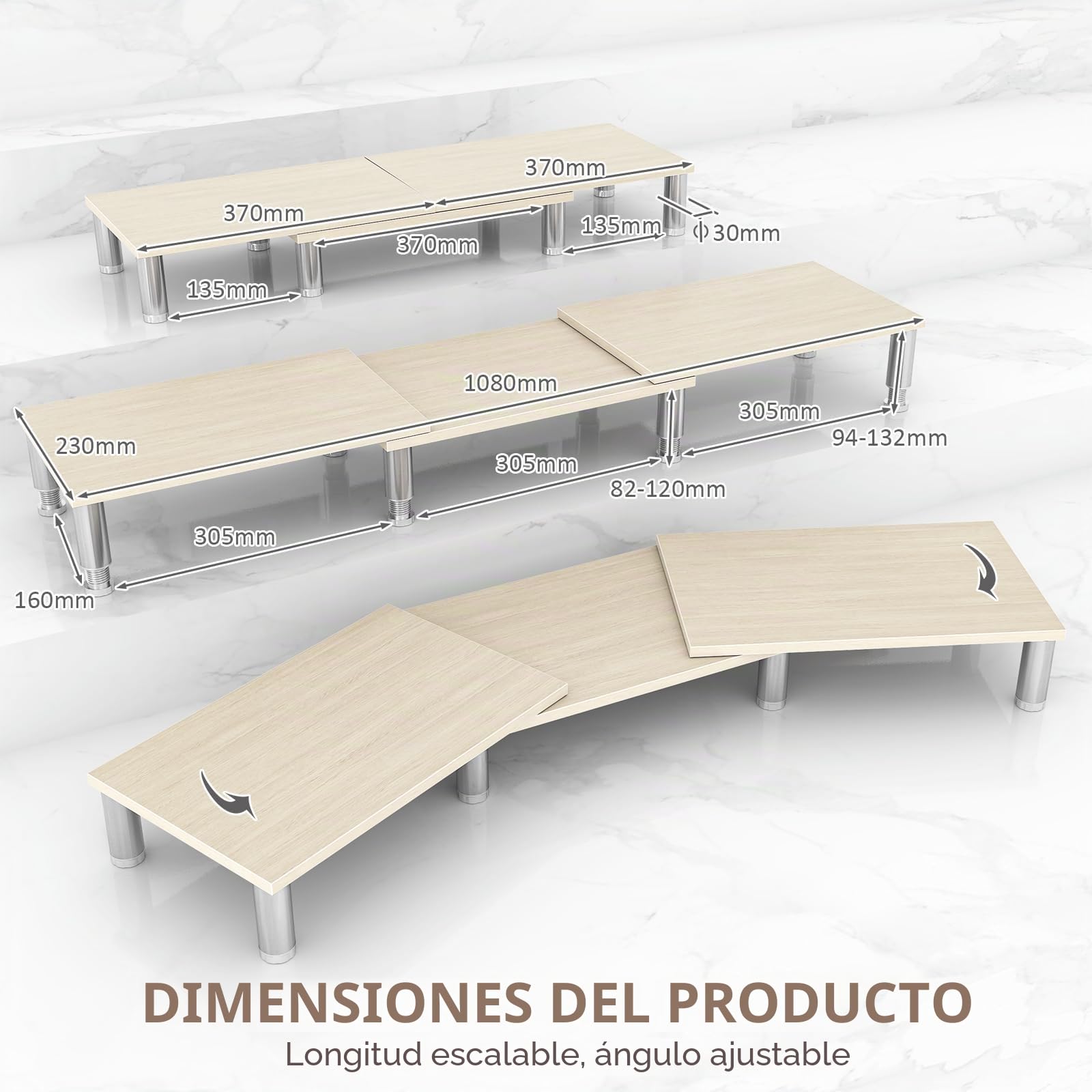 AX Waber Elevador de monitor doble, longitud y ángulo ajustables, soporte de madera para 2 monitores con almacenamiento