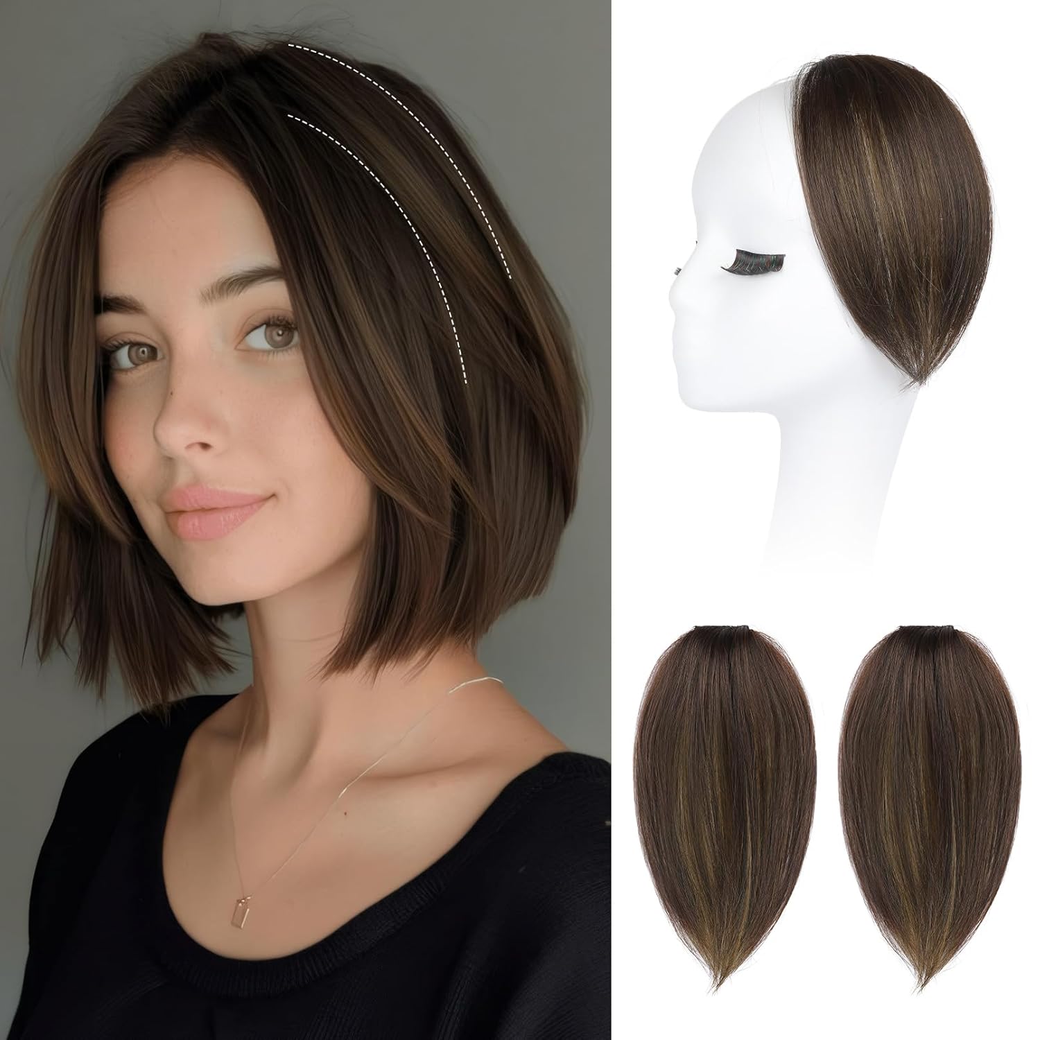 REECHO Clip in Hair Volumizer, Short Thick Clip in Hairpieces Adding Extra Hair Volume Extensions for Women with Thin Fine (Dark Brown with Highlights, 8 Inch(Pack of 2)) 8 Inch(Pack of 2) Dark Brown with Highlights