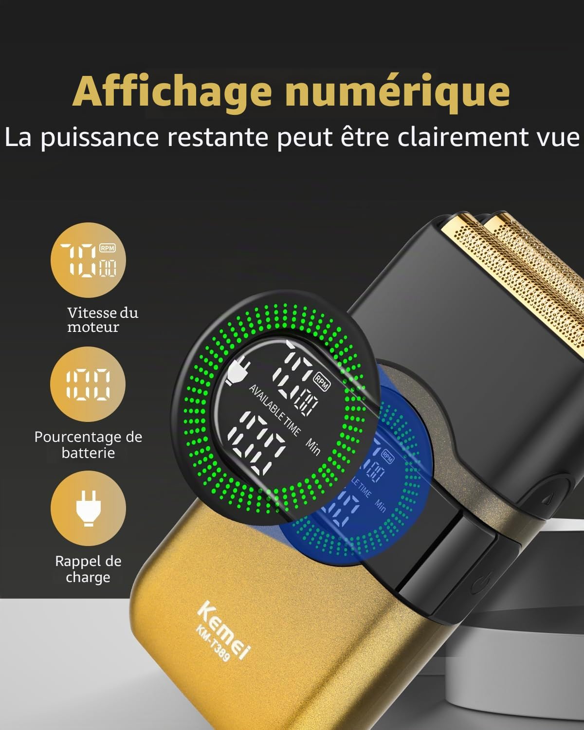 KEMEI Rasoirs électriques pour homme, rasoir à double feuille avec lames flottantes, rasoir à barbe sans fil, sans fil, rechargeable par USB de type C, jusqu'à 100 minutes d'utilisation, verrouillage