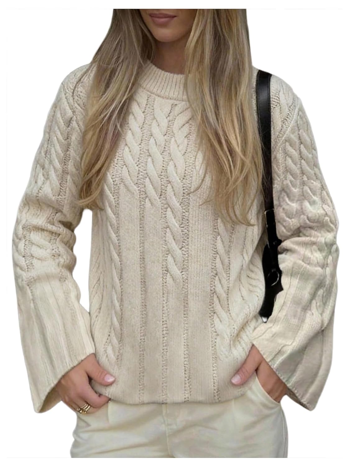 Womens Cable Knit Sweater Crewneck Long Bell Sleeve Oversized Y2k Vintage Fall Winter Pullover Tops