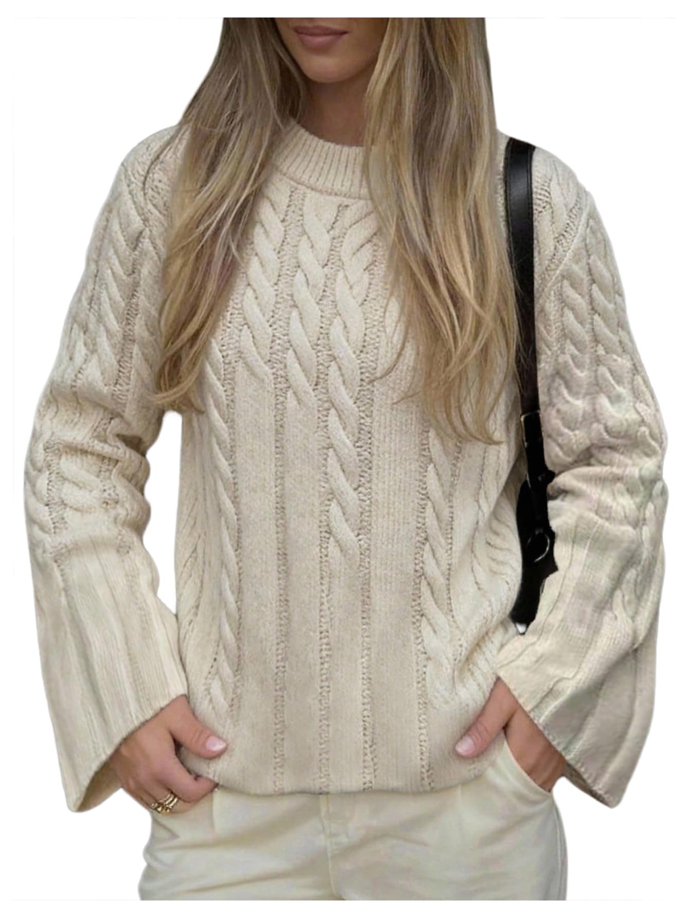 Womens Cable Knit Sweater Crewneck Long Bell Sleeve Oversized Y2k Vintage Fall Winter Pullover Tops