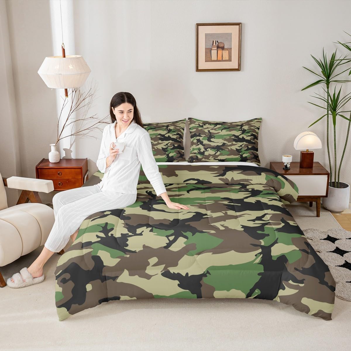 Feelyou Camouflage Bedding Set Soft for Boys Girls, Camo Comforter Set Twin Size Military Style Duvet Quilt Microfiber Wild Bedroom Decor Amry Green 2 Pcs with 1 Pillow Cases