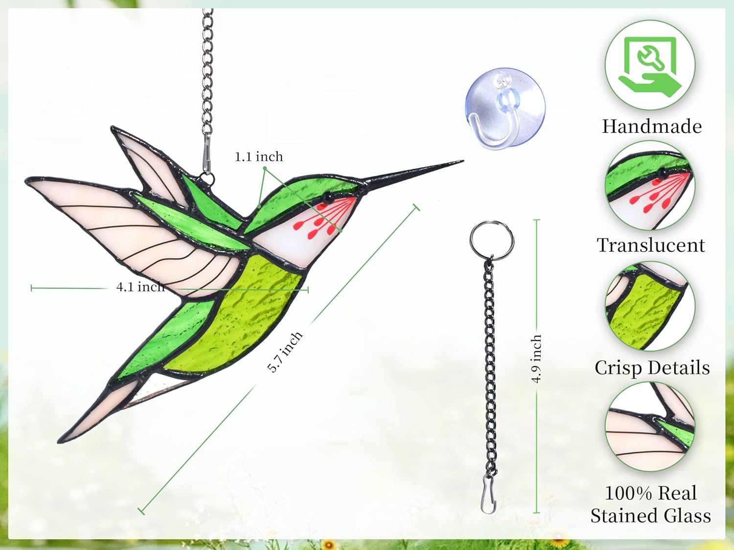 Lolitarcrafts Hummingbird Stained Glass Window Hangings Bird Stained Glass Suncatchers Hummingbird Gifts for Mom,Bird Lovers (Green) - Image 3