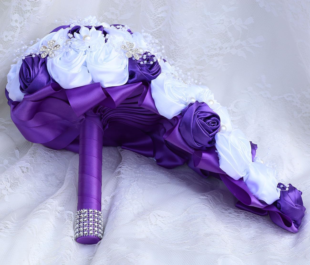 Luxury Cascade Bridal Wedding Bouquet Satin Rose Waterfall Holding Bouquet Artificial Flower Bunch for Bride Bridesmaid(White & Purple, 17.3" x 8.7")