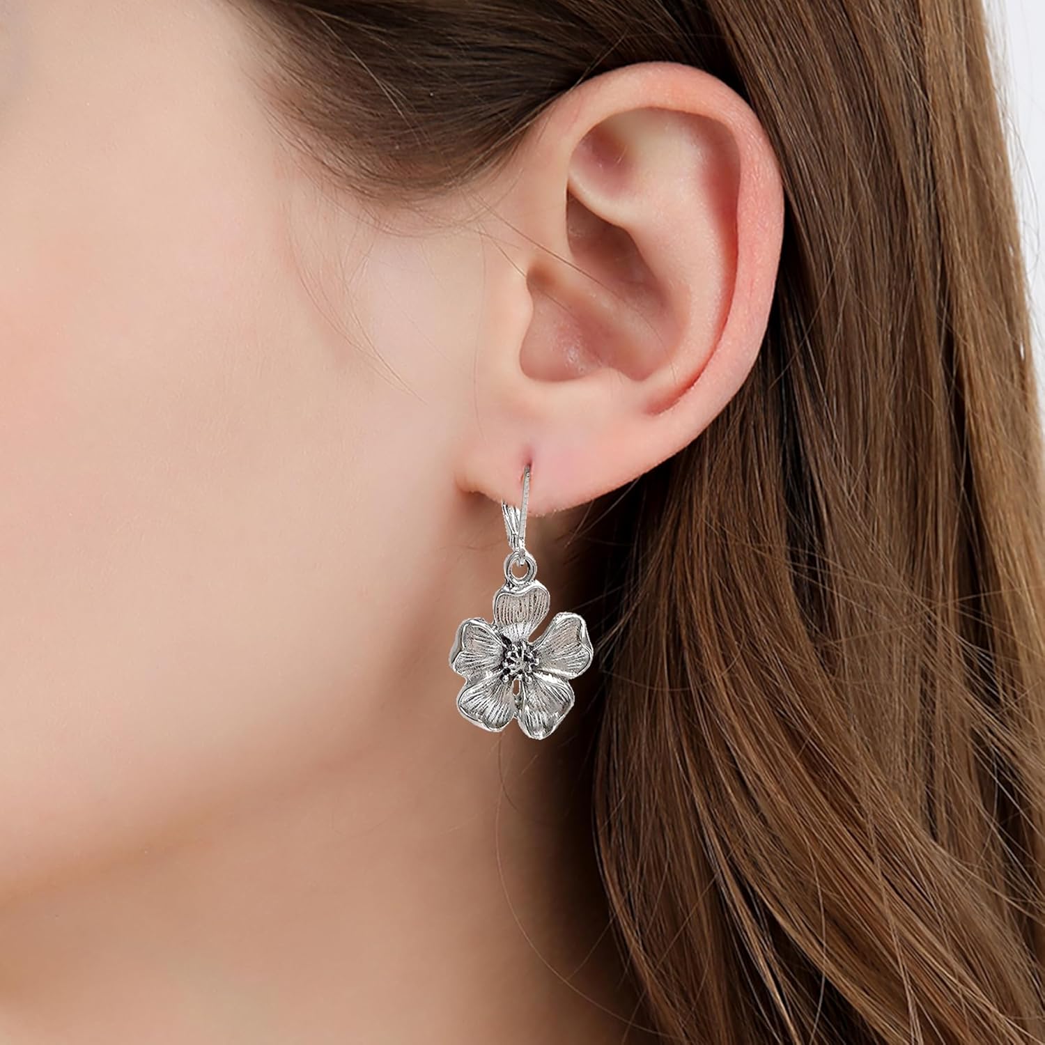 Flower Earrings for Women Dangling - Silver Vintage Floral Drop Earrings, Boho Chic Style, Hypoallergenic Leverback Drop Dangle Earring Trendy Cute Gifts - Image 3