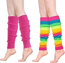 EQLEF Neon Leg Warmers, Rainbow Knee Pads and Pink Mesh Legs Water Heater for Women Fashionable Colour Legs for Retro 80s Theme Party Yoga Casual (2 Pairs) (Rainbow, Pink), Rainbow,Pink
