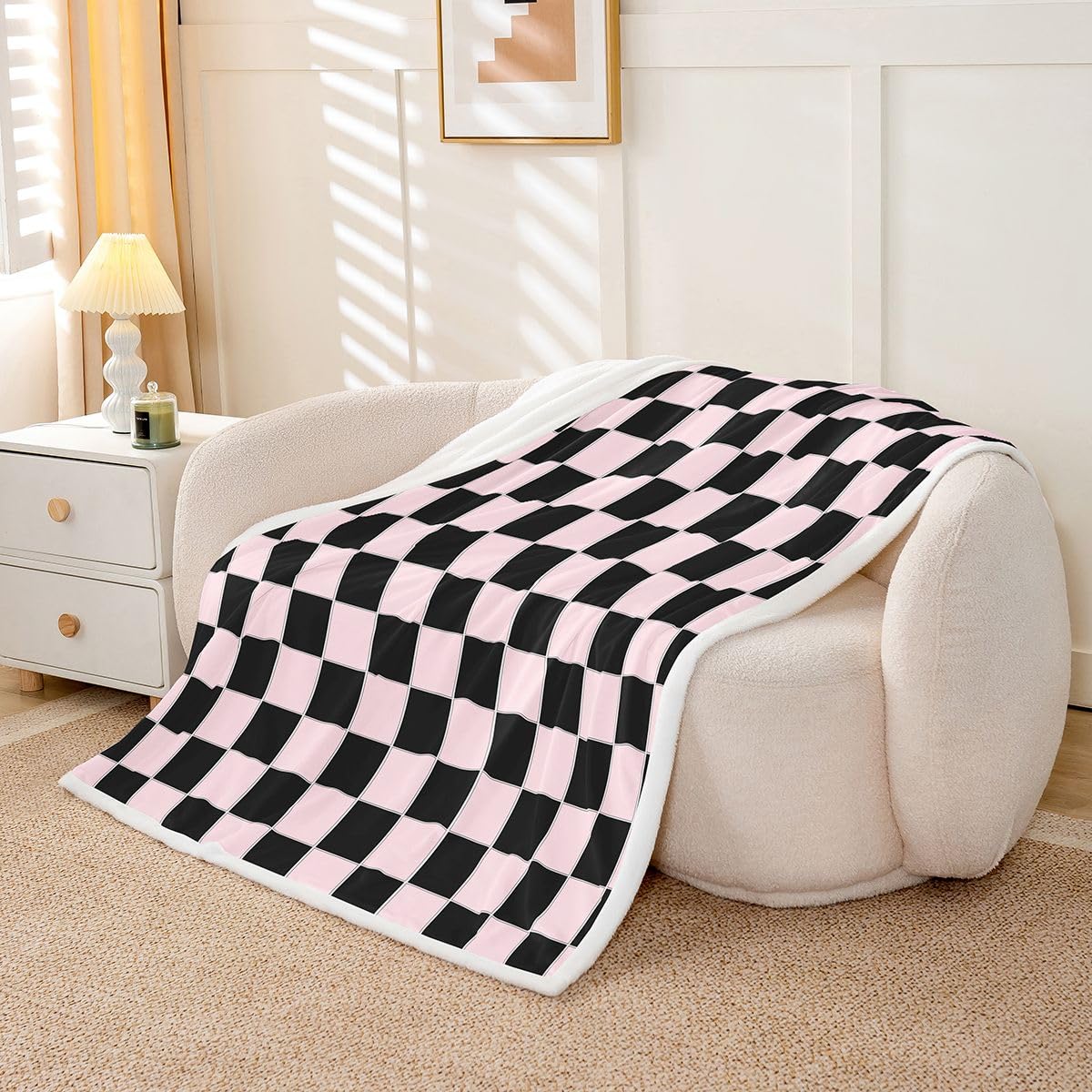 Erosebridal Plaid Fleece Blanket Twin 60"x80" Pink Black Checkerboard Sherpa Blanket Geometric Checkered Fuzzy Plush Throw for Kids Boys Girls,Aesthetic Grids Decor for Bed Couch