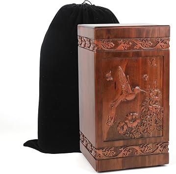 Hummingbird Wooden Urn for Human Ashes Adult Full Size 300 Cubic Inches Cremation Urn 11.3 H, Handcrafted Solid Wood Memorial Urn for Mom, Wife or Grandmother, Secure Bottom Opening