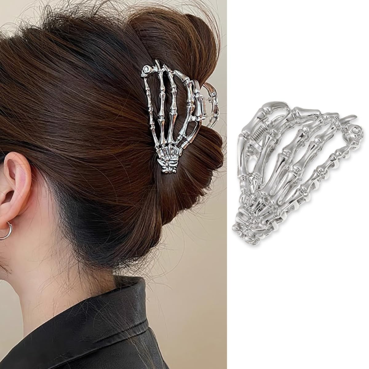 Silver Metal Skull Hair Claw Clips with Ghost Hand Design - Thick Hair Barrettes and Clamps for Women, Cosplay Party Halloween Decorations, 1PCS