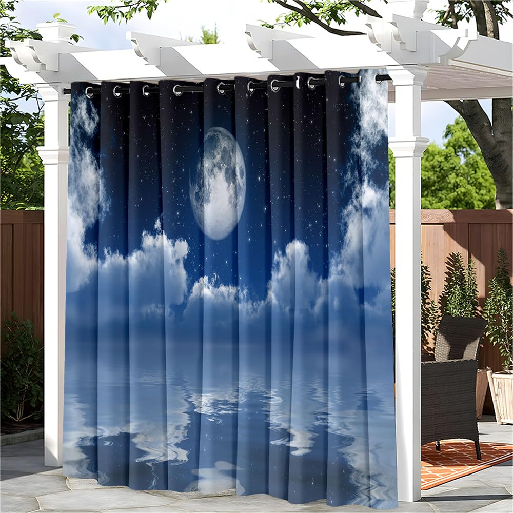 Hiseng Waterproof Outdoor Curtain for Patio Pergola, Sunshade Blackout Thermal Insulated Curtains with Eyelet Top for Garden, Gazebo, Porch, 1 PANEL, 3D Moon Starry Sky (Blue 6,70.8x84 in)