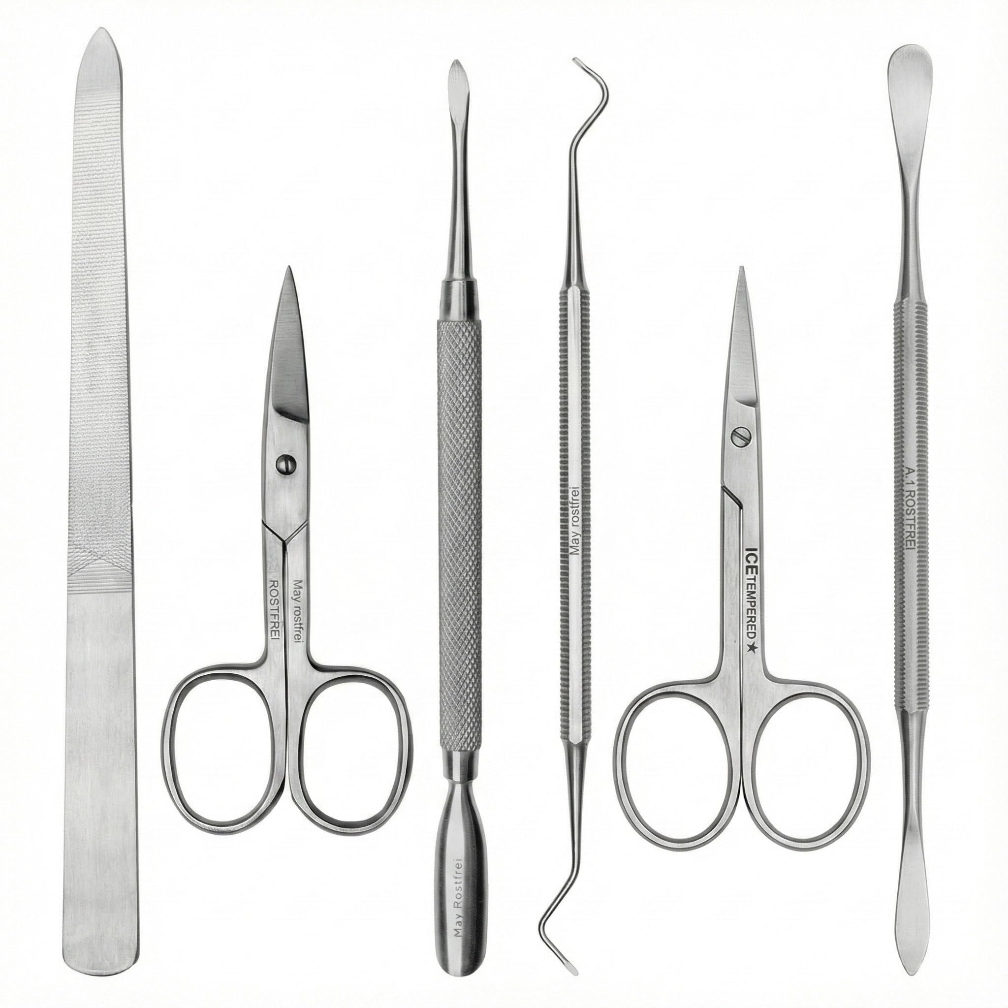 May - Set de manicura de 7 piezas con estuche. Instrumentos de belleza de acero inoxidable.
