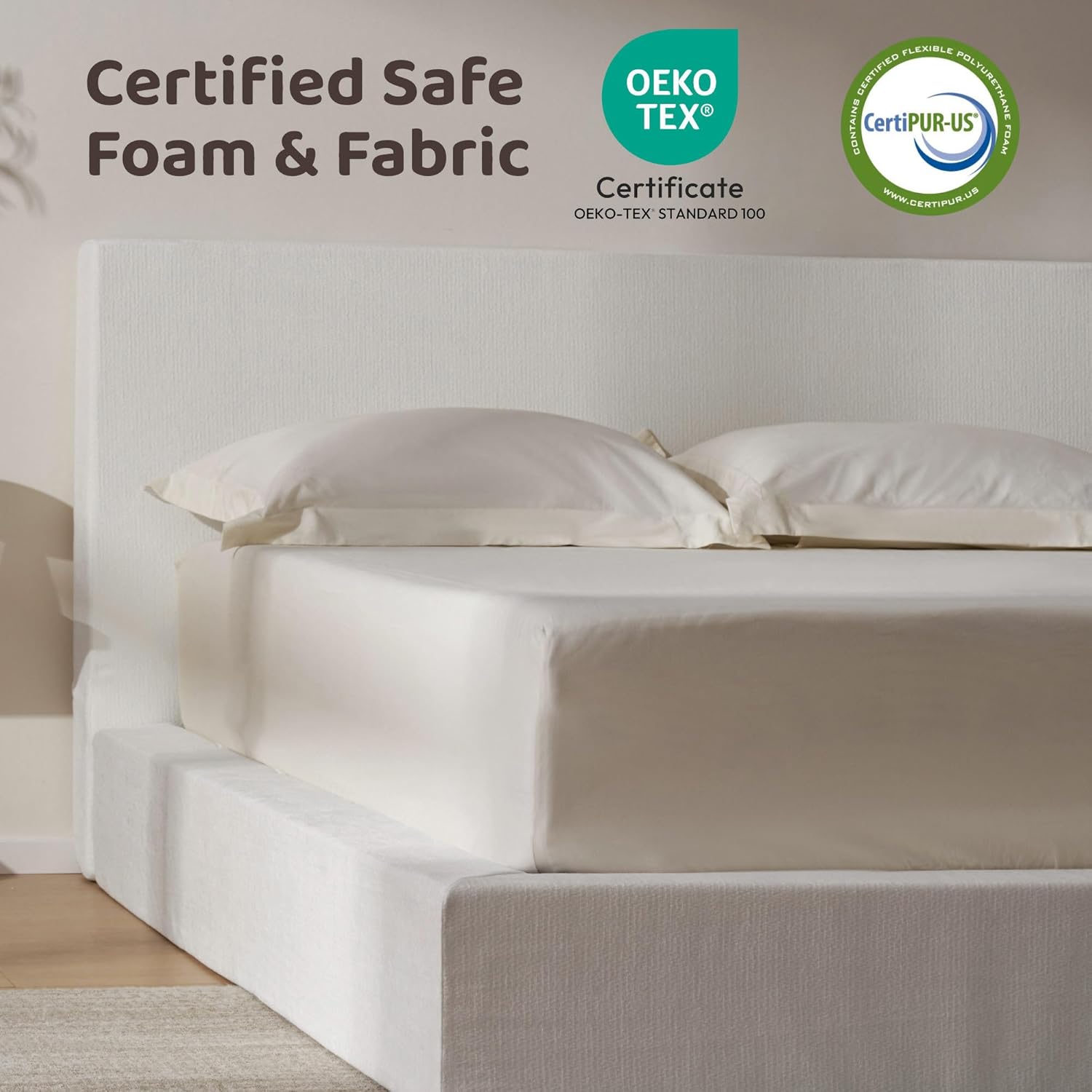 RECCI AirFrame King Size Bed Frame with Headboard, Cloud Upholstered Platform Bed Frame, 5 Inch Foam Cushioned, No Box Spring, Easy Assembly(Snow White)
