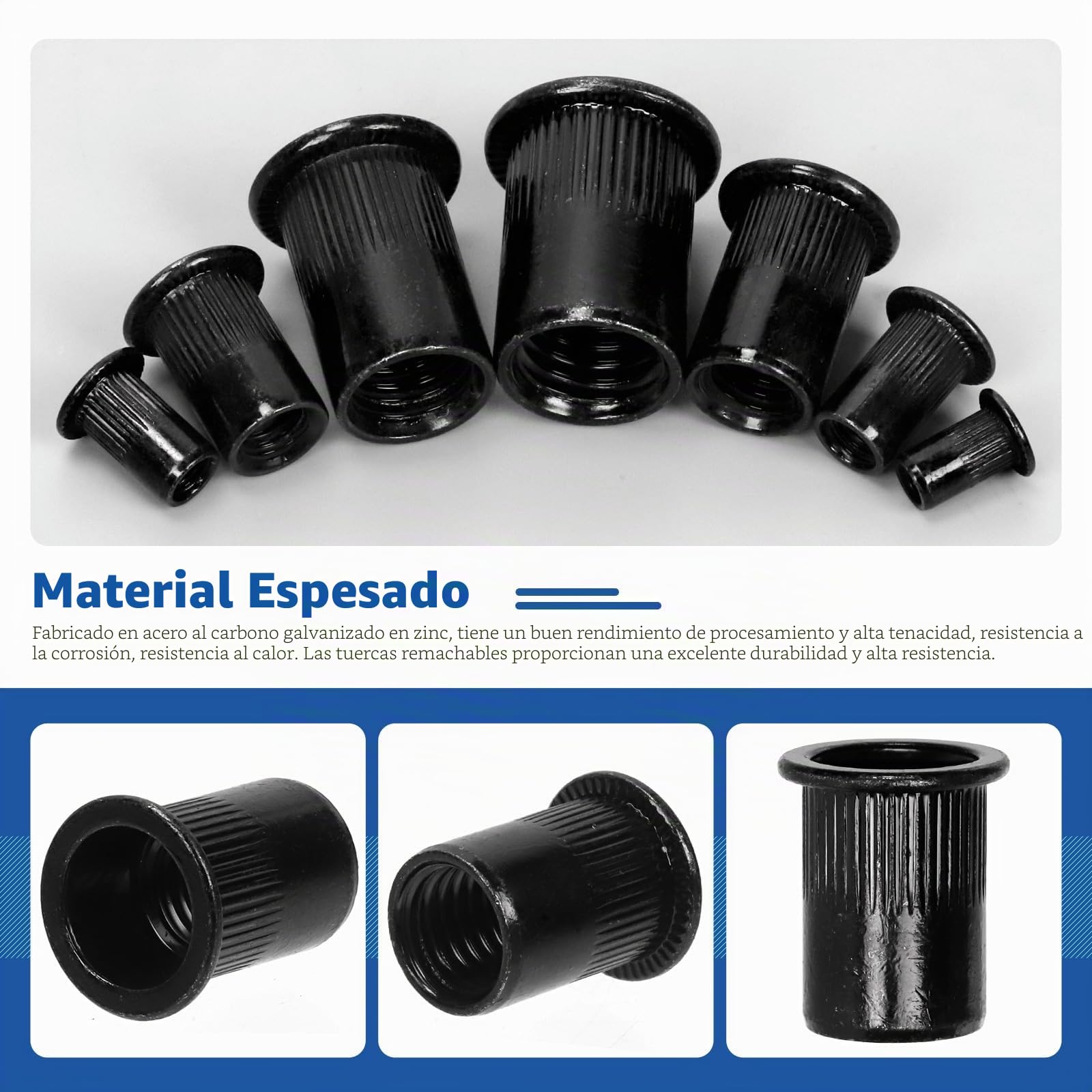 Glarks Kit de Tuerca de Remachado M3-M12 Cabeza Plana Acero Inoxidable Galvanizado Negro 320 Piezas