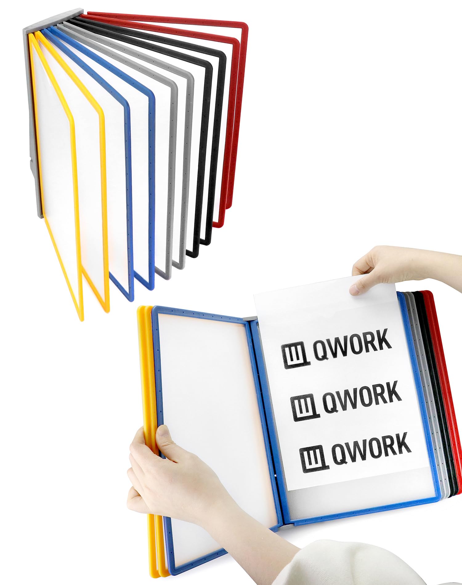 QWORK® Paquete de 2 Sistema de paneles de pared - 10 Paneles de pantalla A4 - Portadocumentos multicolor para salas de exposiciones, restaurantes, oficinas, lugares públicos