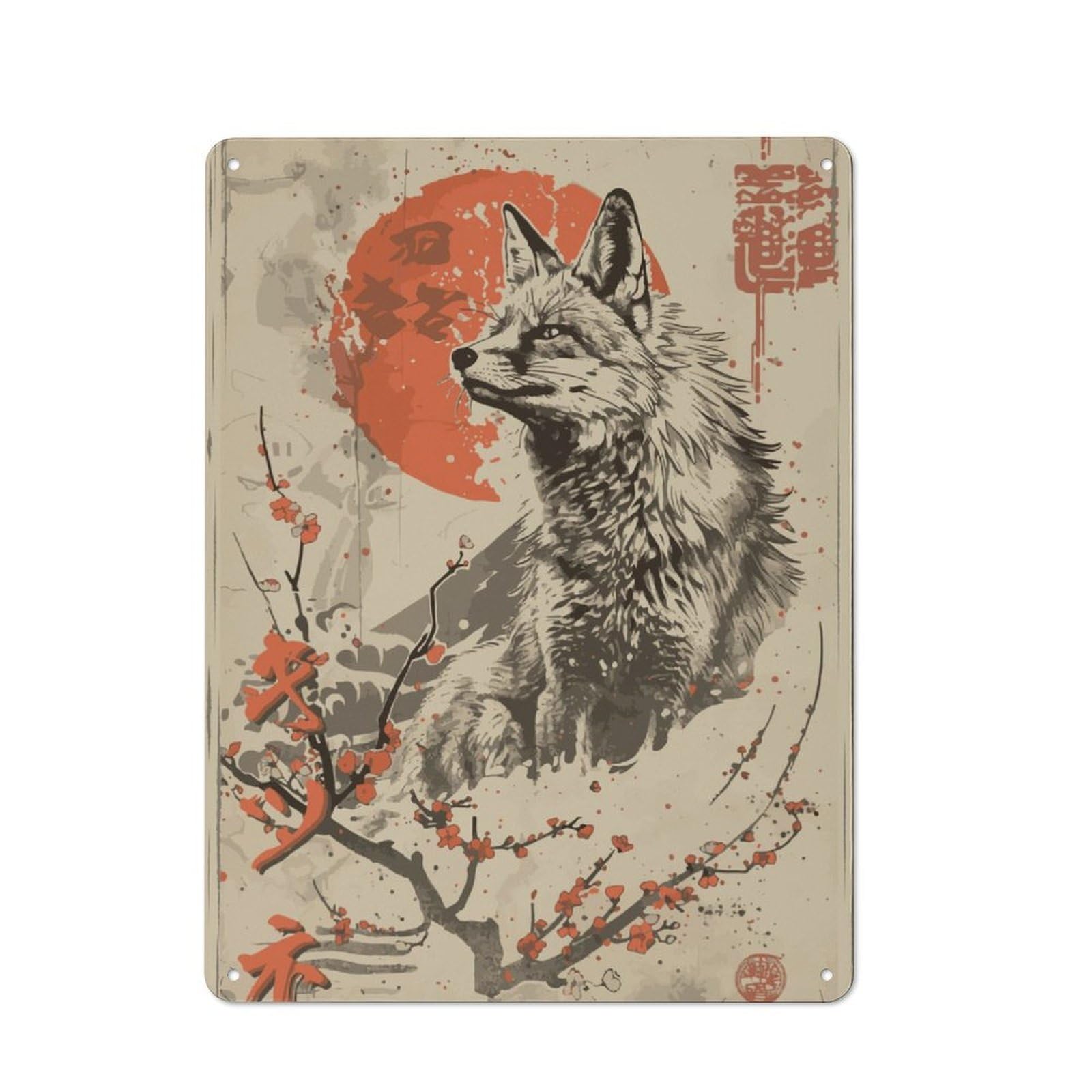 Junmoney Vintage Japanese Fox Rustic Metal Sign 40X30cm, Country Vintage Country Wall Plaque For Cottage, Kitchen, Hallway Or Breakfast Nook