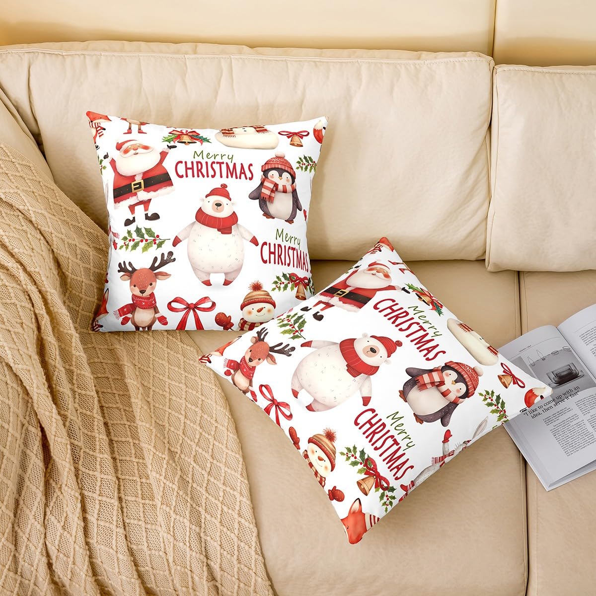 Homewish Set di 4 federe per cuscini con simpatico orso, 50 x 50 cm, morbide federe per cuscini con stampa di Babbo Natale, cervo natalizio kawaii, per bambini e adulti, con pinguino rosso e bianco