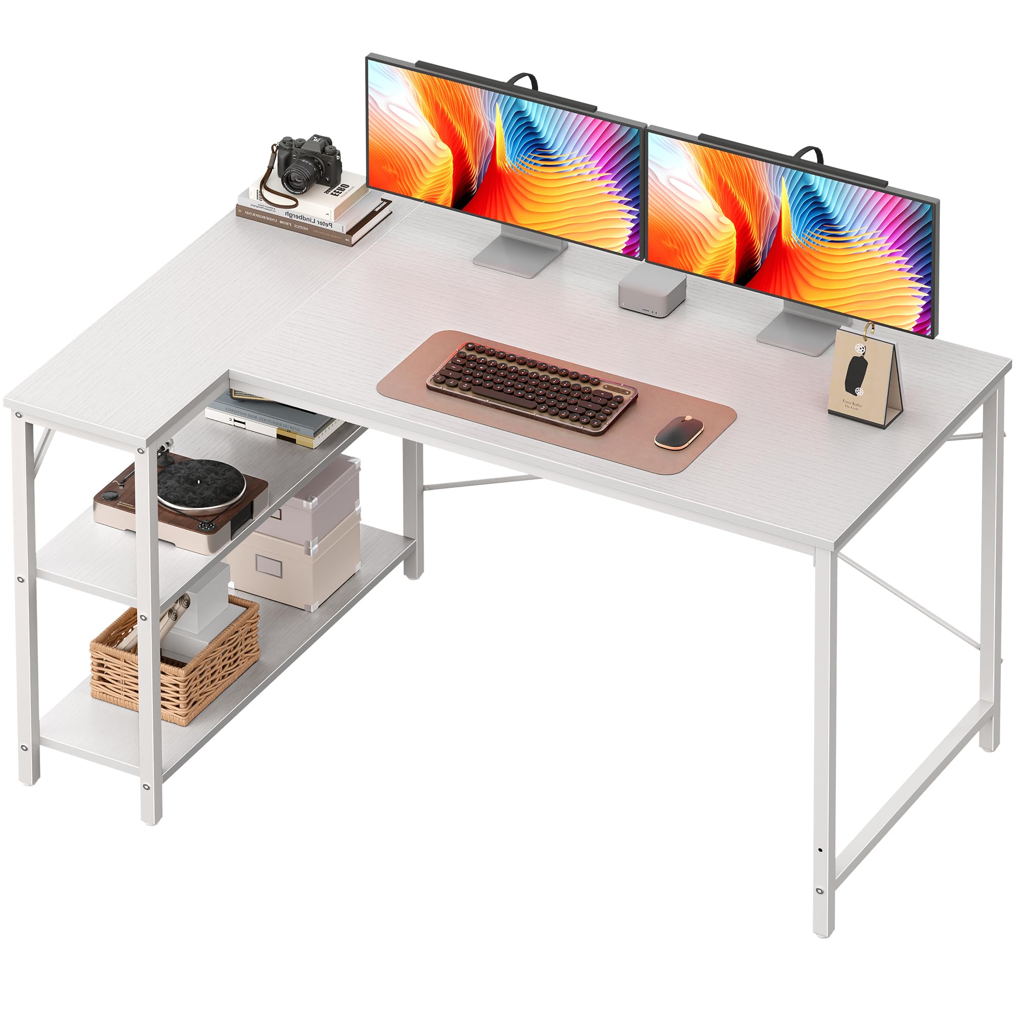 Huuger L-Shaped Desk - 47" Reversible Storage Corner Gaming Desk, Metal Frame, White