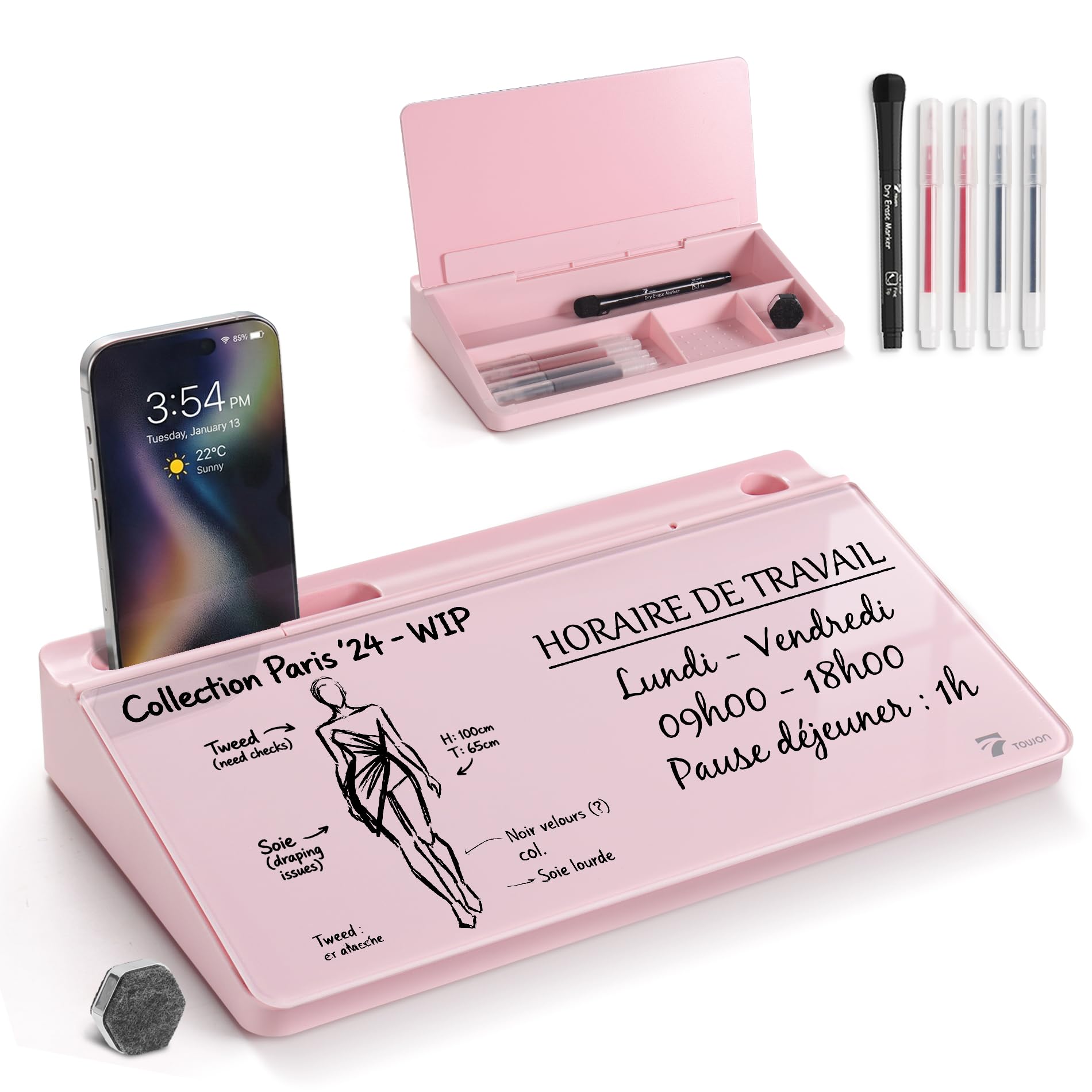 TOWON Small Glass Desktop Whiteboard with Storage – 30 x 17 cm Dry Erase Board for Desk, Home Office, School | Includes 5 Markers, Eraser & Holder | Space-Saving Organizer, Aesthetic Pink Design