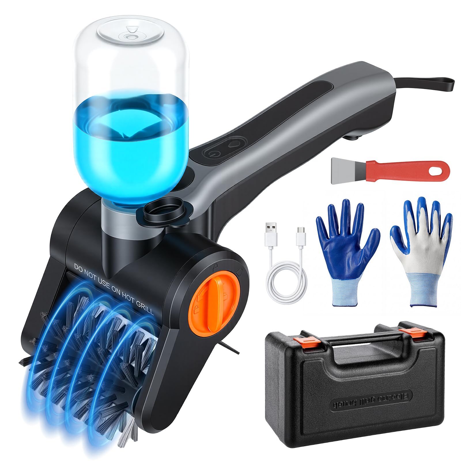 Brosse Electrique Barbecue 100W avec Flacon Pulvérisateur – Rechargeable 7,4V, 2 Vitesses, 90 Min d'Autonomie, IPX8 Étanche – Brosse Nettoyage Electrique pour Grille avec Caisse à Outils
