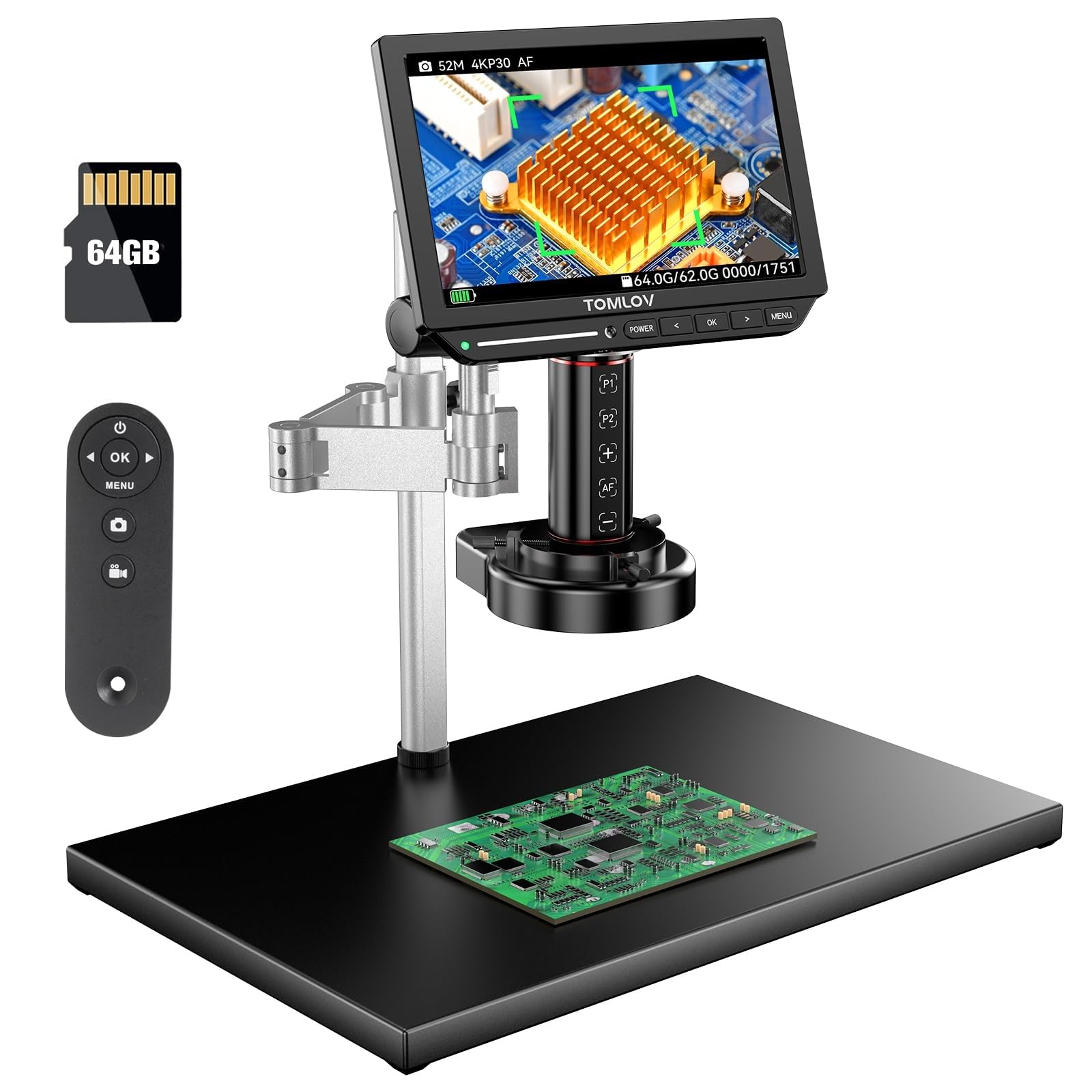 - TOMLOV 4K Autofocus Microscope TM4K-AF Max, 10.1" HDMI Digital Microscope with Spin Flex Arm, Micro Soldering Microscopes for Electronics Repair, 52MP Error Coin Micro Scope Full View, Ring Light, 64G