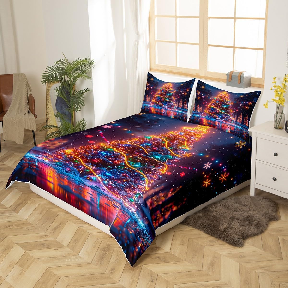 Christmas Tree Duvet Cover Set Queen Size,Snowflake Polka Dot Bedding Set Kids Boys Girls Room Decor,Merry Christmas Comforter Cover 3Pcs,Xmas Neon Style Bedspreads Cover,2 Pillowcases(NO Comforter)