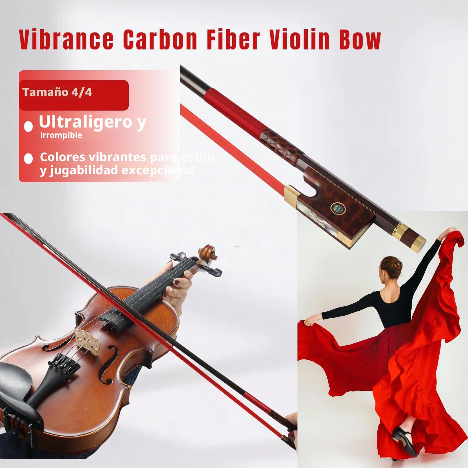 Arco para violín de fibra de carbono 4/4, ultraligero e irrompible con crin de caballo de colores, incrustaciones de rana de madera de serpiente y nácar, grado profesional para viajes y actuaciones