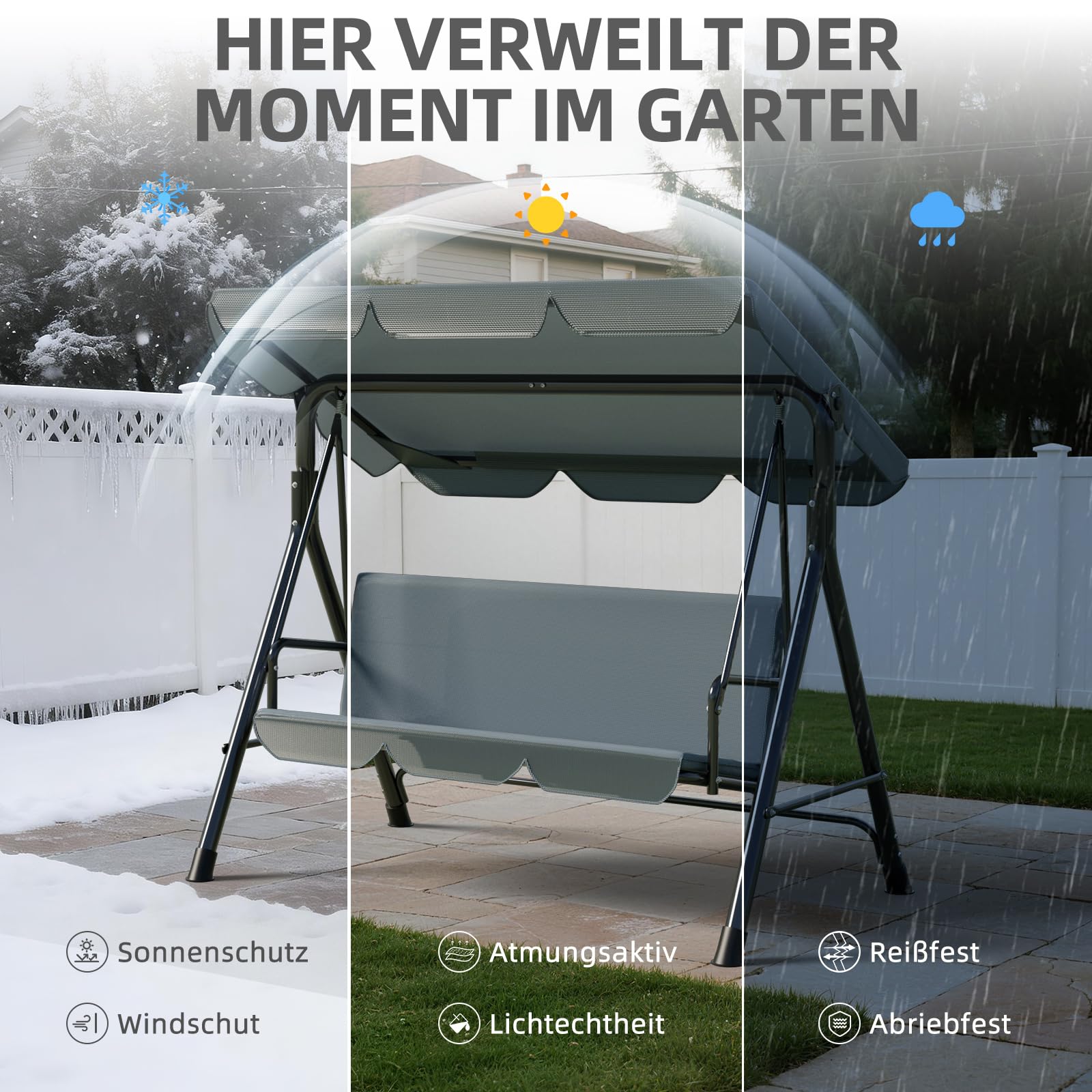 Soontrans Hollywoodschaukel 3-Sitzer für Entspannte Nachmittag im Garten, Gartenschaukel mit Polsterauflage & Verstellbarem Sonnendach, aus Stahlgestell & Textilene-Gewebe (193 x 110 x 152 cm, Grau)
