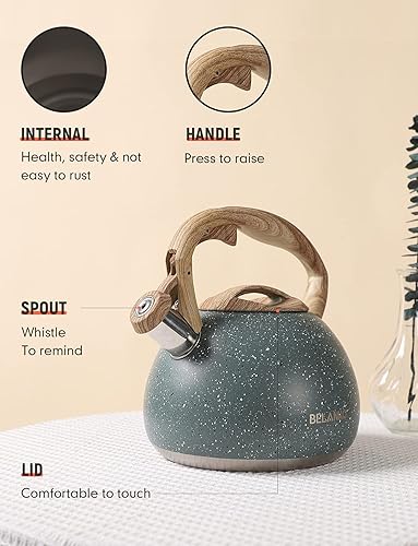 Miniatura 4 de BELANKO - Hervidor de té silbante de 102 onzas  3 litros, ollas para estufa, acero inoxidable de grado alimenticio con mango de madera, silbato