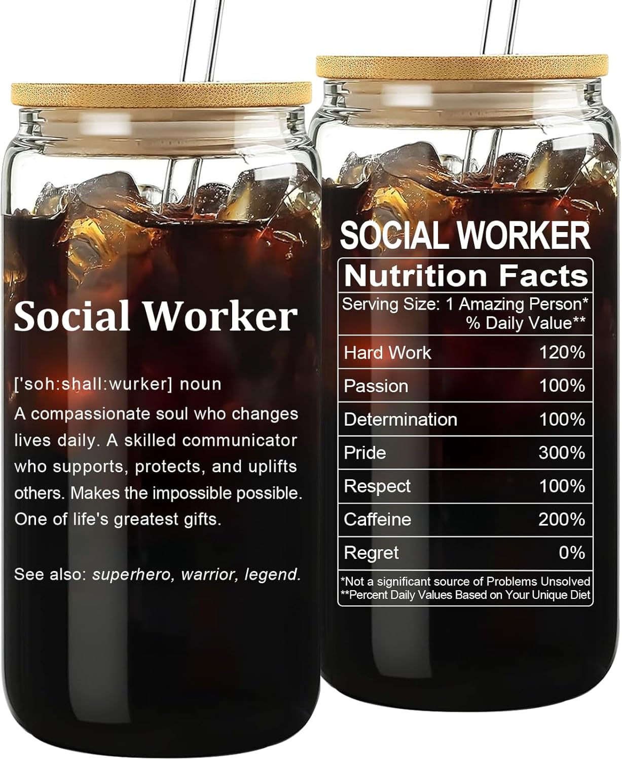 Social Worker Gifts - Glass Cup with Lid and Straw, Social Work Month Appreciation Gifts for Women, Graduation Office Decor, Iced Coffee Cup for Women, 16 oz