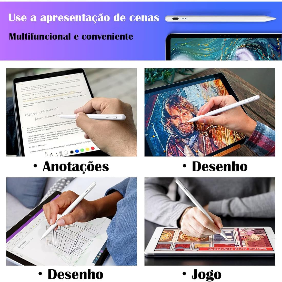 Caneta Stylus Touch Screen Recarregável USB – Ponta Fina 1.5mm com Indicador LED, Caneta Capacitiva Universal Compatível com iPad, Tablet, Celular e Notebook – Android e iOS | Premium