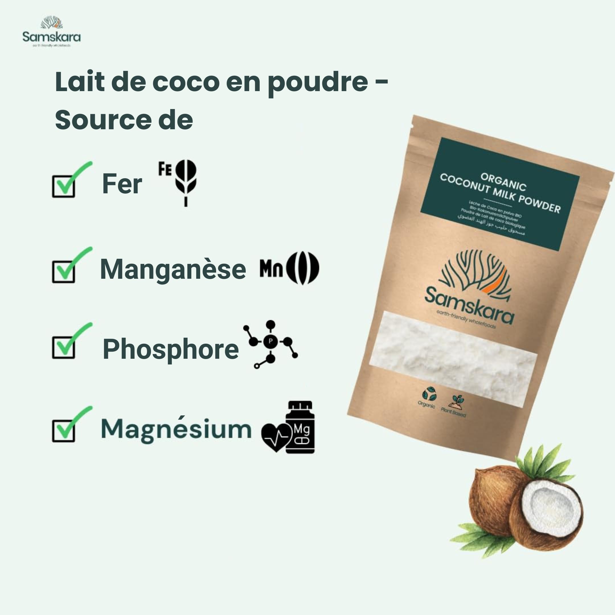 Poudre de lait de coco 90% Coco | Biologique BIO | Vegan | Sans Gluten | Samskara (500g) - Idéal pour la cuisine