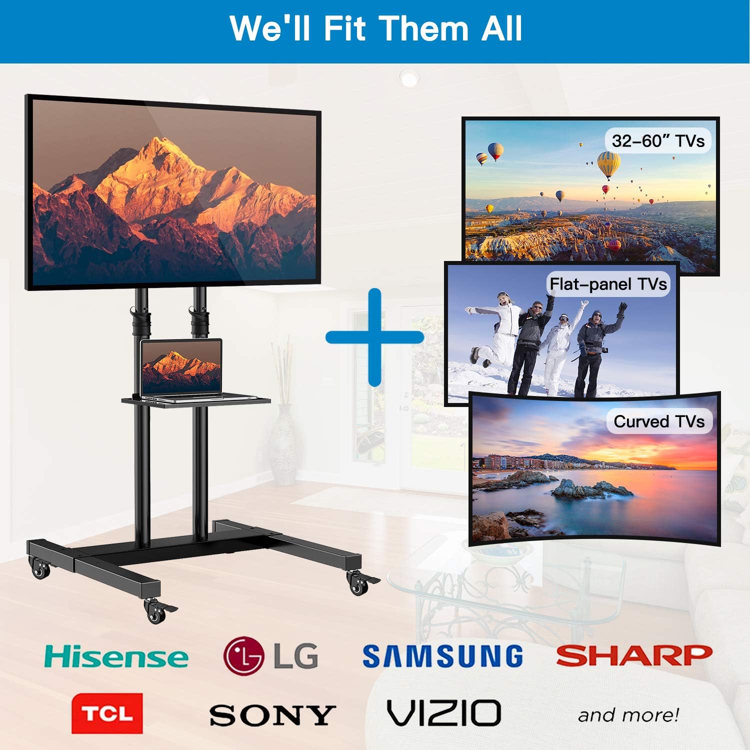 Mobile TV Stand on Wheels for 32-60 Inch Flat/Curved Panel Screens TVs - Height Adjustable Floor Trolley Stand Holds up to 99lbs - Tilt Rolling TV Cart with Shelf Max VESA 600x400mm : Office Products