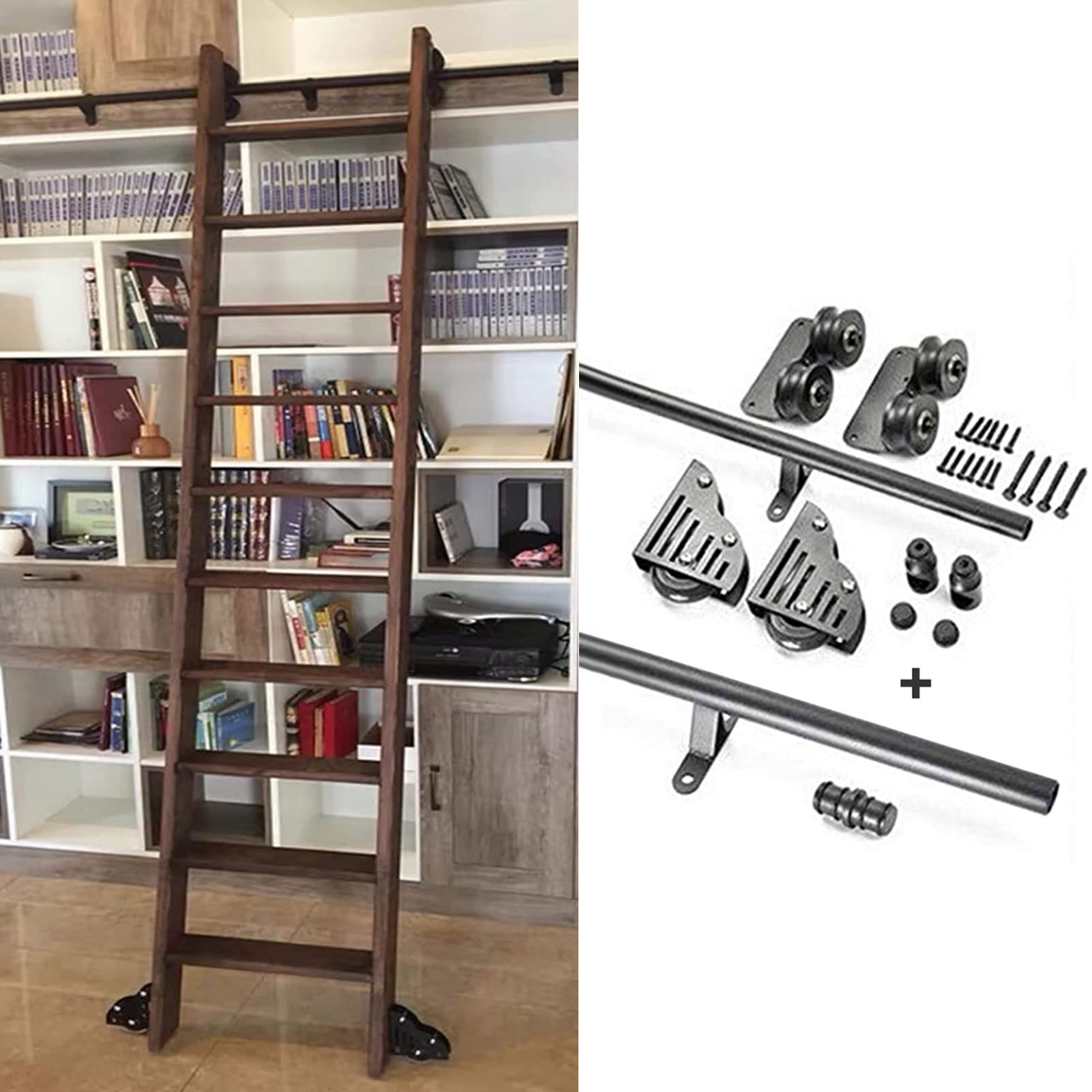 LWJSOCP Black Rolling Library Ladder Hardware Kit, with Floor Roller Wheels, Complete Set of Hardware for Sliding Ladder Hanging Rail + Extension Rail (No Ladder) (Size : 13ft/400cm Track kit)