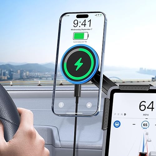 Tesla Car Mount Charger, [Heat Restriction] [LED RGB HandsFree] Wireless Car Phone Holder Charger, Magnetic Phone Holders for Your Car for Tesla Model Y/3/S/X Screen for 16/15/14/13/12 Series