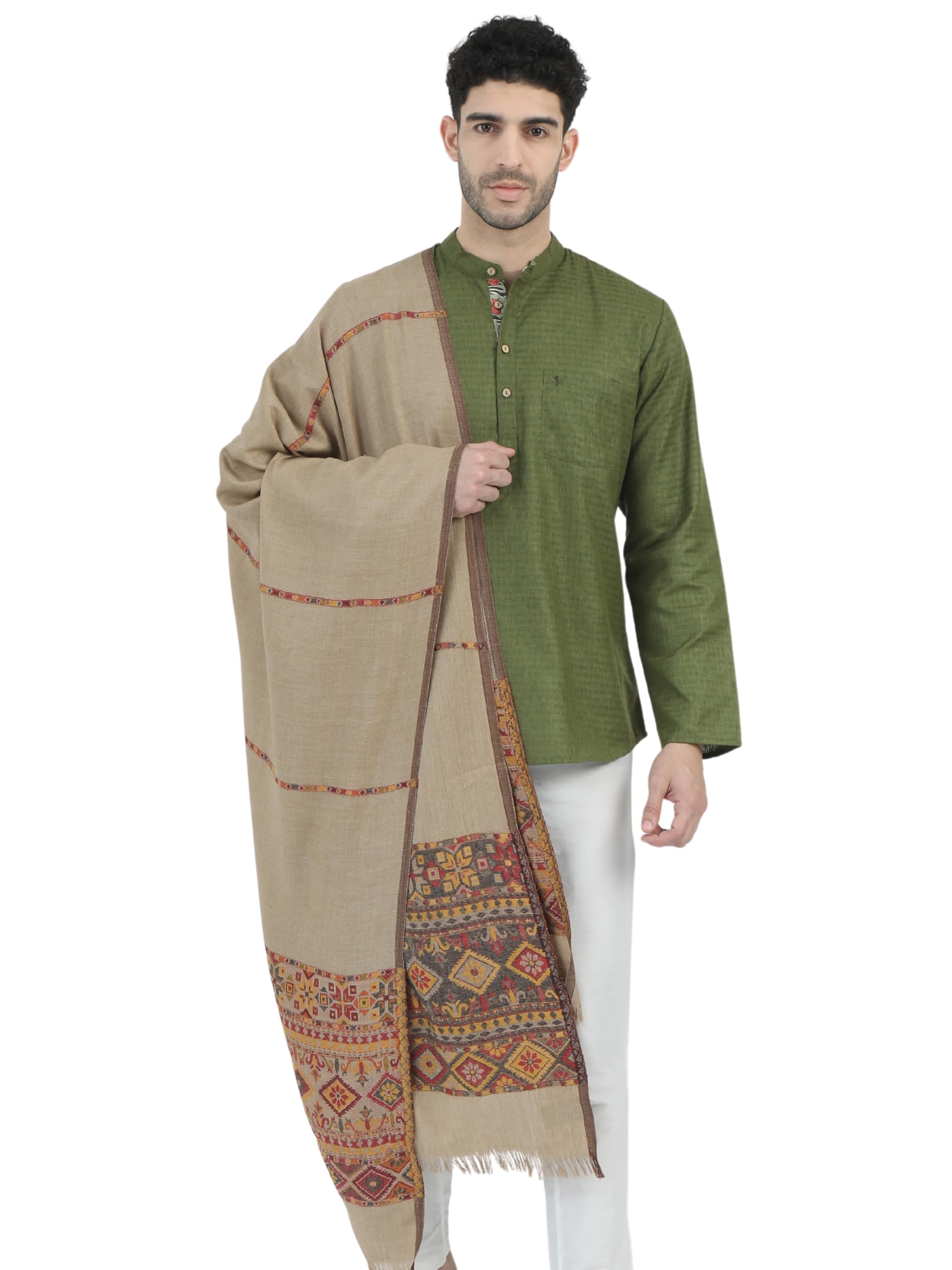 Bunkaar Plain Woollen Men's Dhariwal Indian Lohi/Shawl with Jamawar Border-image-42