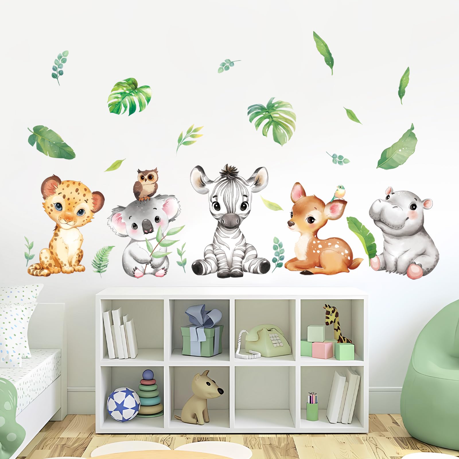 Tanlaby Waldtiere Wandaufkleber Safari Tier Wandsticker Grüne Pflanze Wandtattoo Nilpferd Rehkitz Zebra Wanddeko für Kinderzimmer Babyzimmer Schlafzimmer