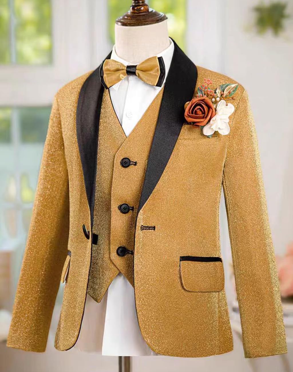 2 Pieces Boys Suit Shiny Tuxedo Set Flower Boy Jacket Vest for Party Birthday Wedding